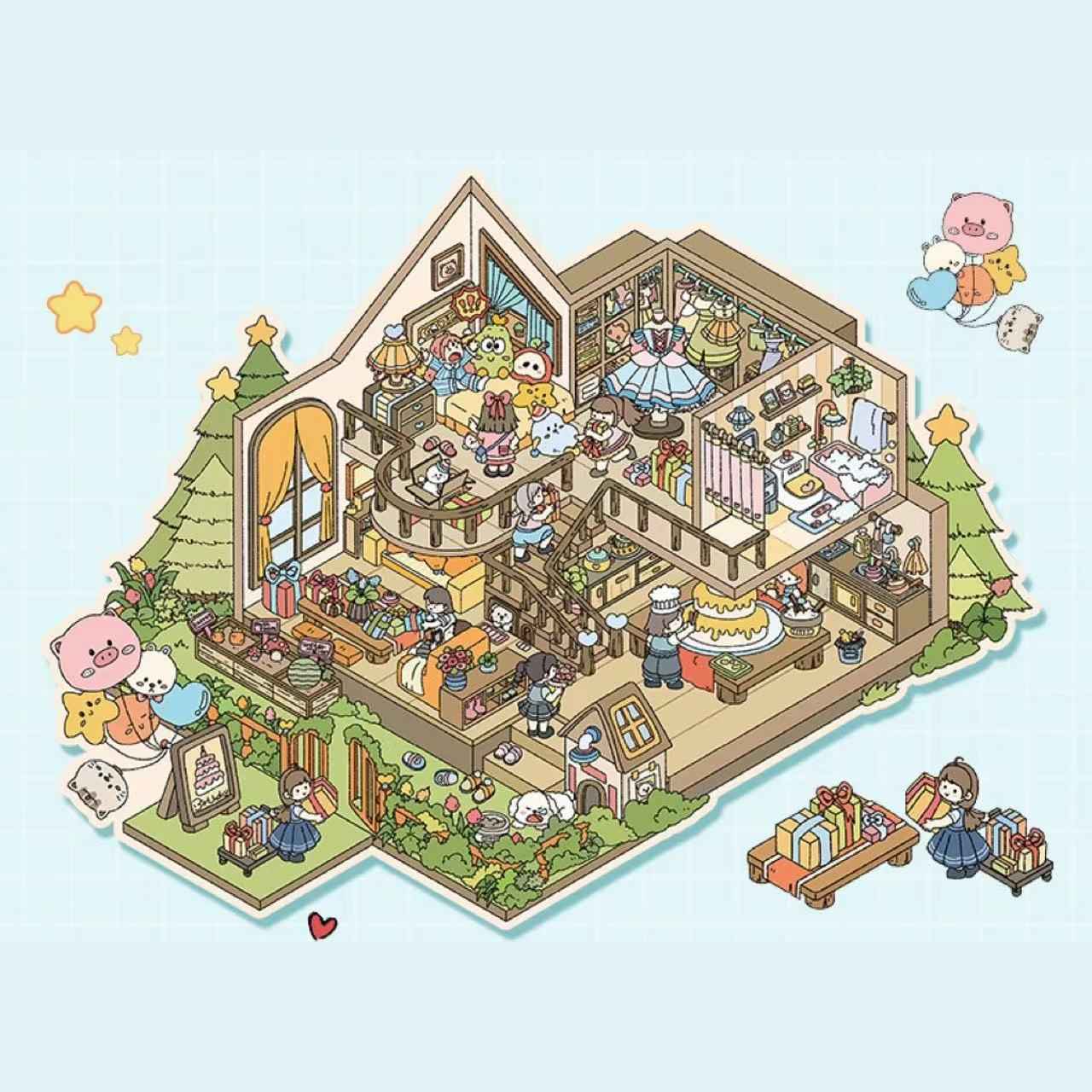 Dream Fairy Tale World 3D Isometric Room Stickers – 12 Theme Sets: Lawn Wedding | Island Villa | Lazy House | Bunny Forest House | Traditional Hotpot Restaurant | Ancient Town | Primary School Classroom | High School Girl Dorm | Panda Villa | Birthday Par