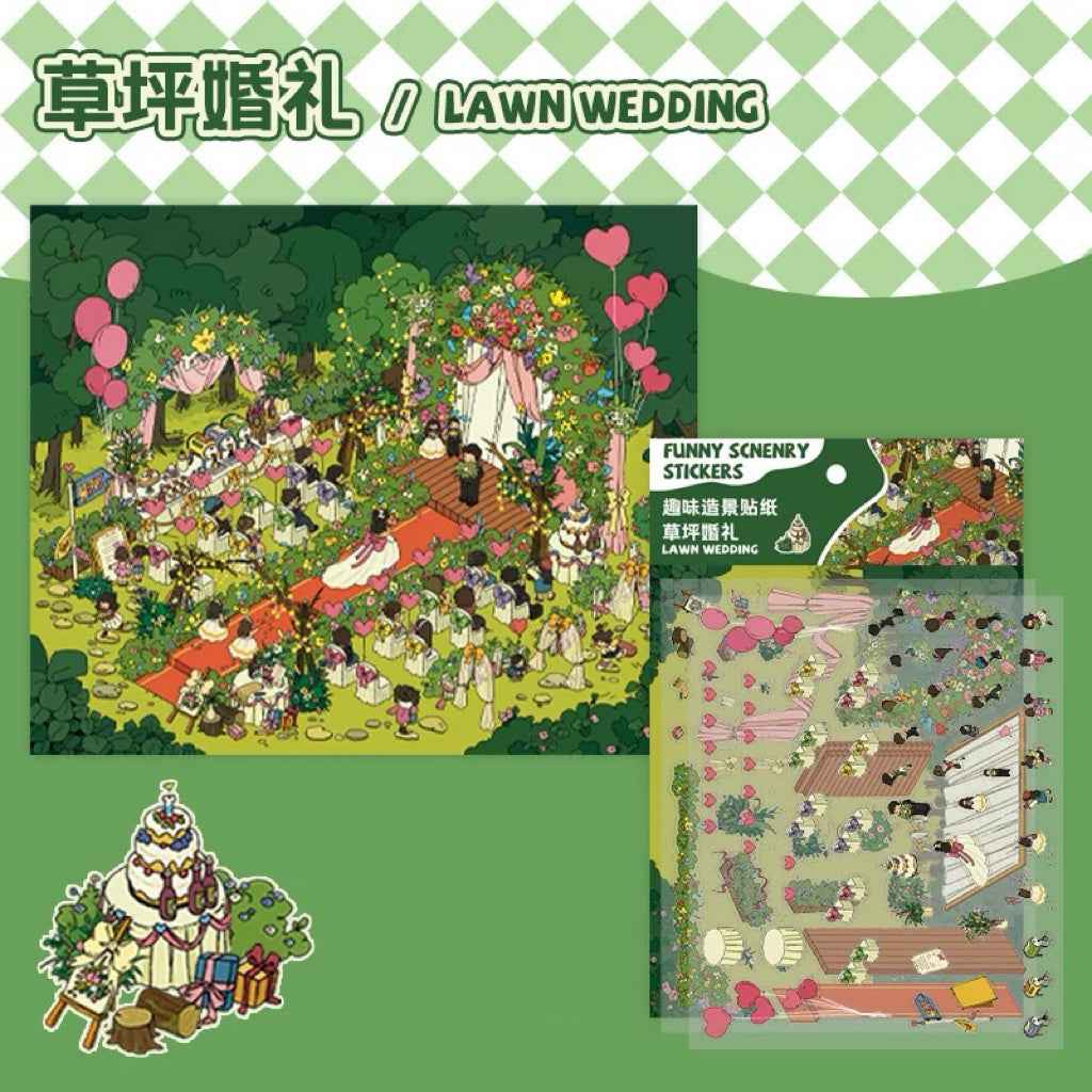 Dream Fairy Tale World 3D Isometric Room Stickers – 12 Theme Sets: Lawn Wedding | Island Villa | Lazy House | Bunny Forest House | Traditional Hotpot Restaurant | Ancient Town | Primary School Classroom | High School Girl Dorm | Panda Villa | Birthday Par