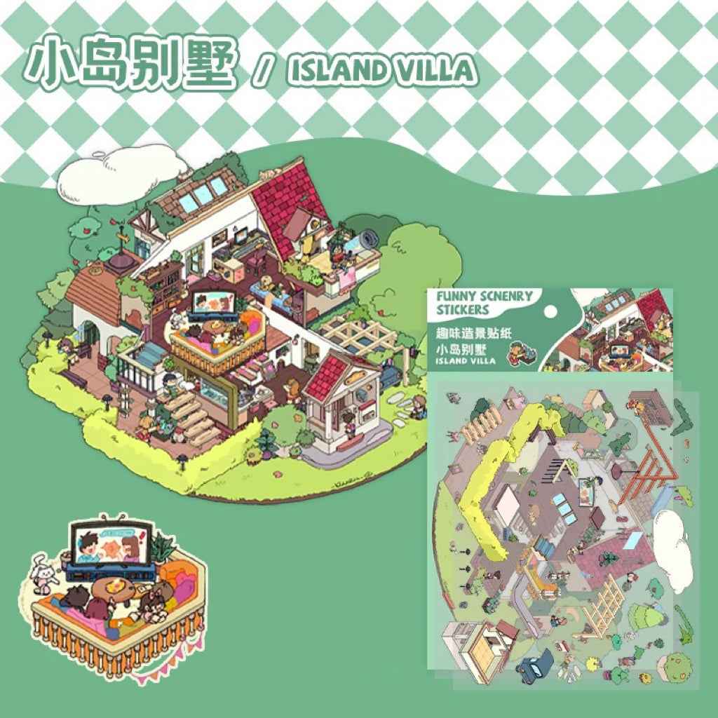 Dream Fairy Tale World 3D Isometric Room Stickers – 12 Theme Sets: Lawn Wedding | Island Villa | Lazy House | Bunny Forest House | Traditional Hotpot Restaurant | Ancient Town | Primary School Classroom | High School Girl Dorm | Panda Villa | Birthday Par