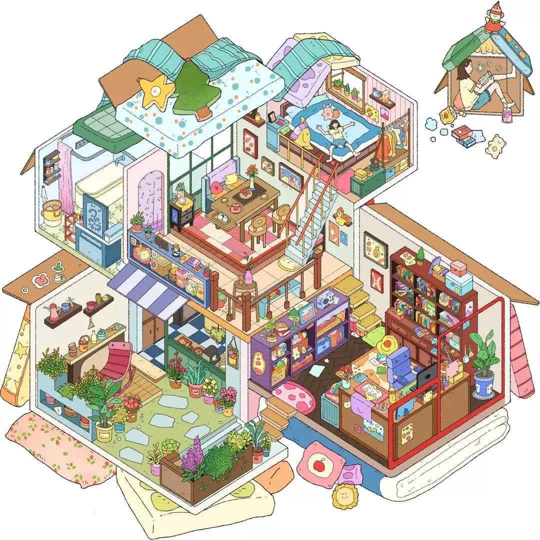 Dream Fairy Tale World 3D Isometric Room Stickers – 12 Theme Sets: Lawn Wedding | Island Villa | Lazy House | Bunny Forest House | Traditional Hotpot Restaurant | Ancient Town | Primary School Classroom | High School Girl Dorm | Panda Villa | Birthday Par