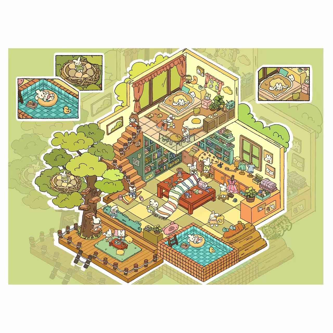 Dream Fairy Tale World 3D Isometric Room Stickers – 12 Theme Sets: Lawn Wedding | Island Villa | Lazy House | Bunny Forest House | Traditional Hotpot Restaurant | Ancient Town | Primary School Classroom | High School Girl Dorm | Panda Villa | Birthday Par