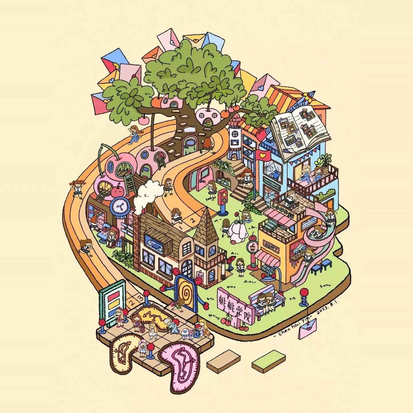 Dream Fairy Tale World 3D Isometric Room Stickers – 12 Theme Sets: Lawn Wedding | Island Villa | Lazy House | Bunny Forest House | Traditional Hotpot Restaurant | Ancient Town | Primary School Classroom | High School Girl Dorm | Panda Villa | Birthday Par