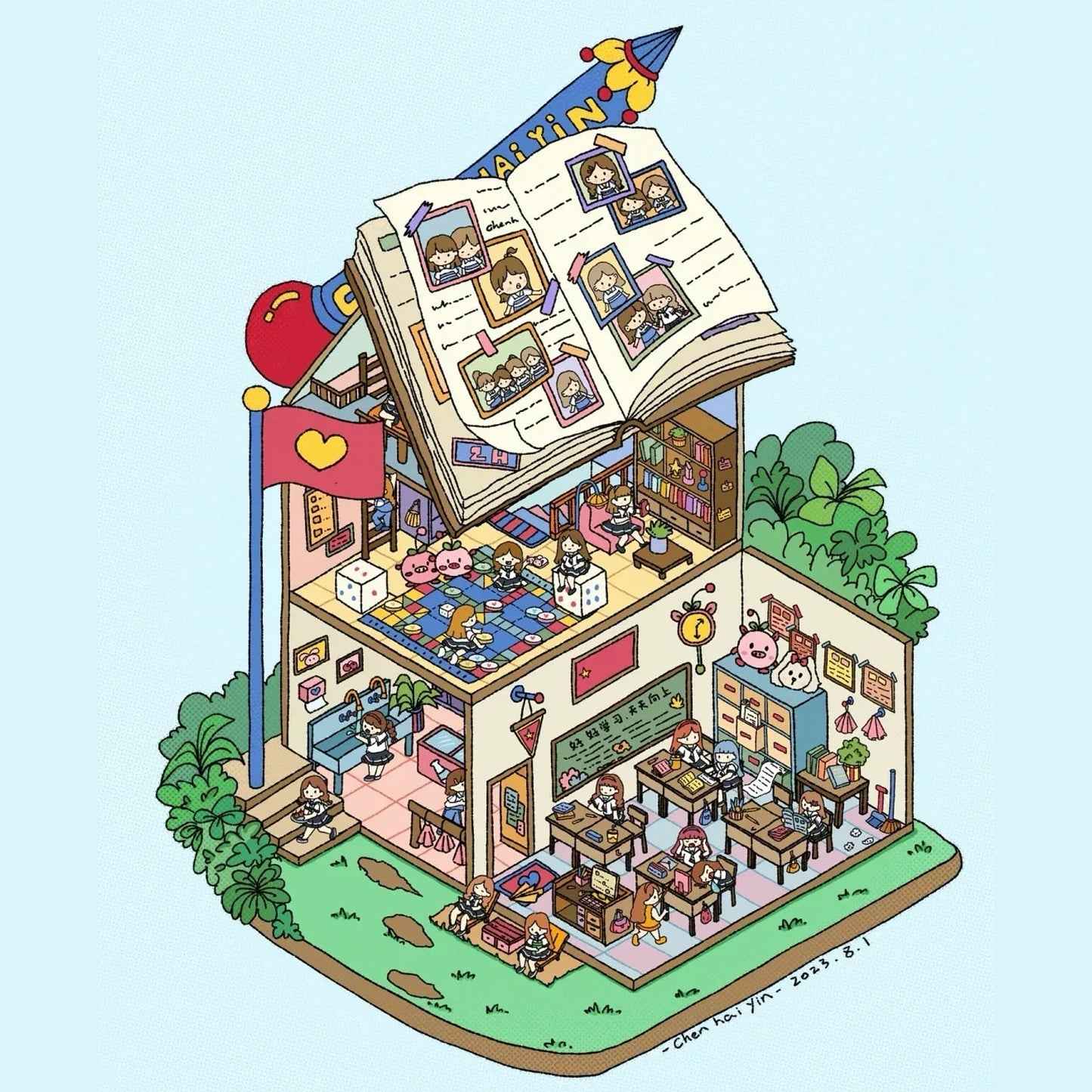 Dream Fairy Tale World 3D Isometric Room Stickers – 12 Theme Sets: Lawn Wedding | Island Villa | Lazy House | Bunny Forest House | Traditional Hotpot Restaurant | Ancient Town | Primary School Classroom | High School Girl Dorm | Panda Villa | Birthday Par