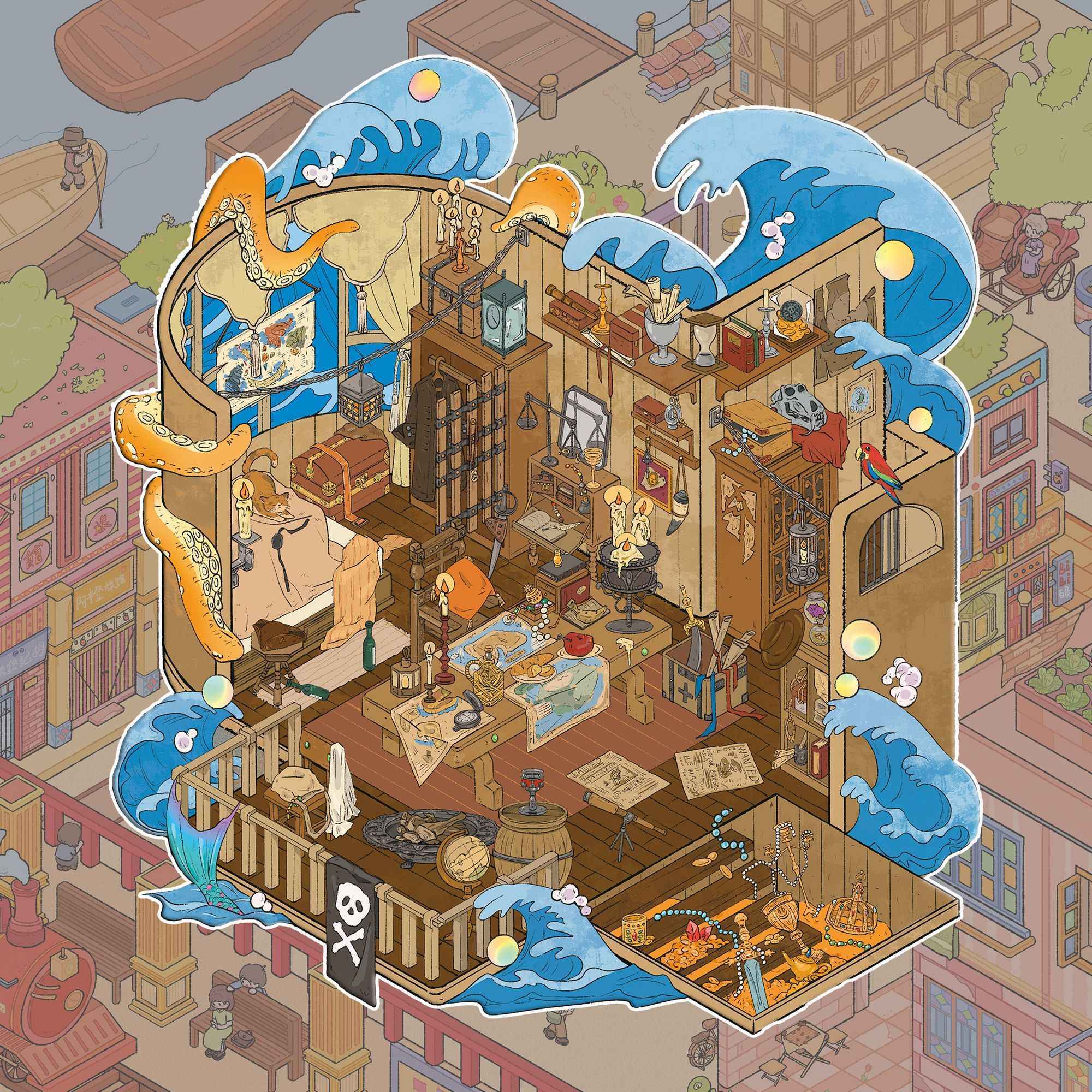 Island Adventure – 3D Miniature Scene Stickers (Plus Size) – 4 Theme: Pirate Treasure Hunt | Paradise Island | Dockside Market | Castaway Island