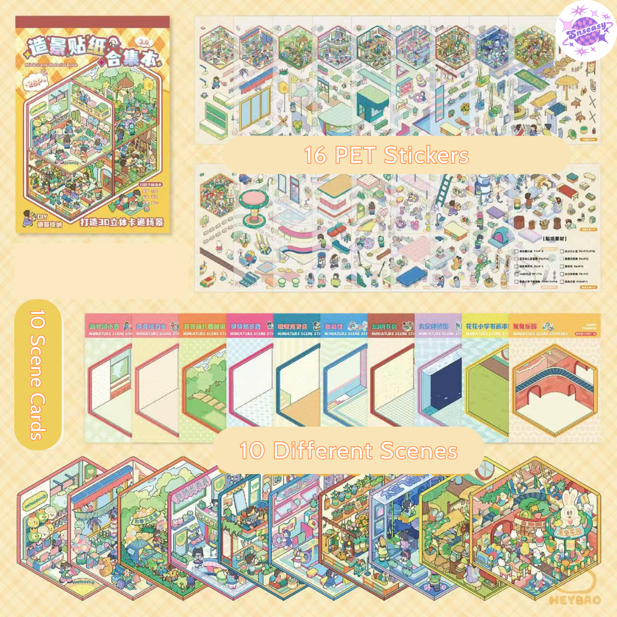 Miniature 3D Scene Stickers Scrapbook 7.0 – 20 Unique Themes: Purple Book (10 Themes) | Yellow Book (10 Themes)
