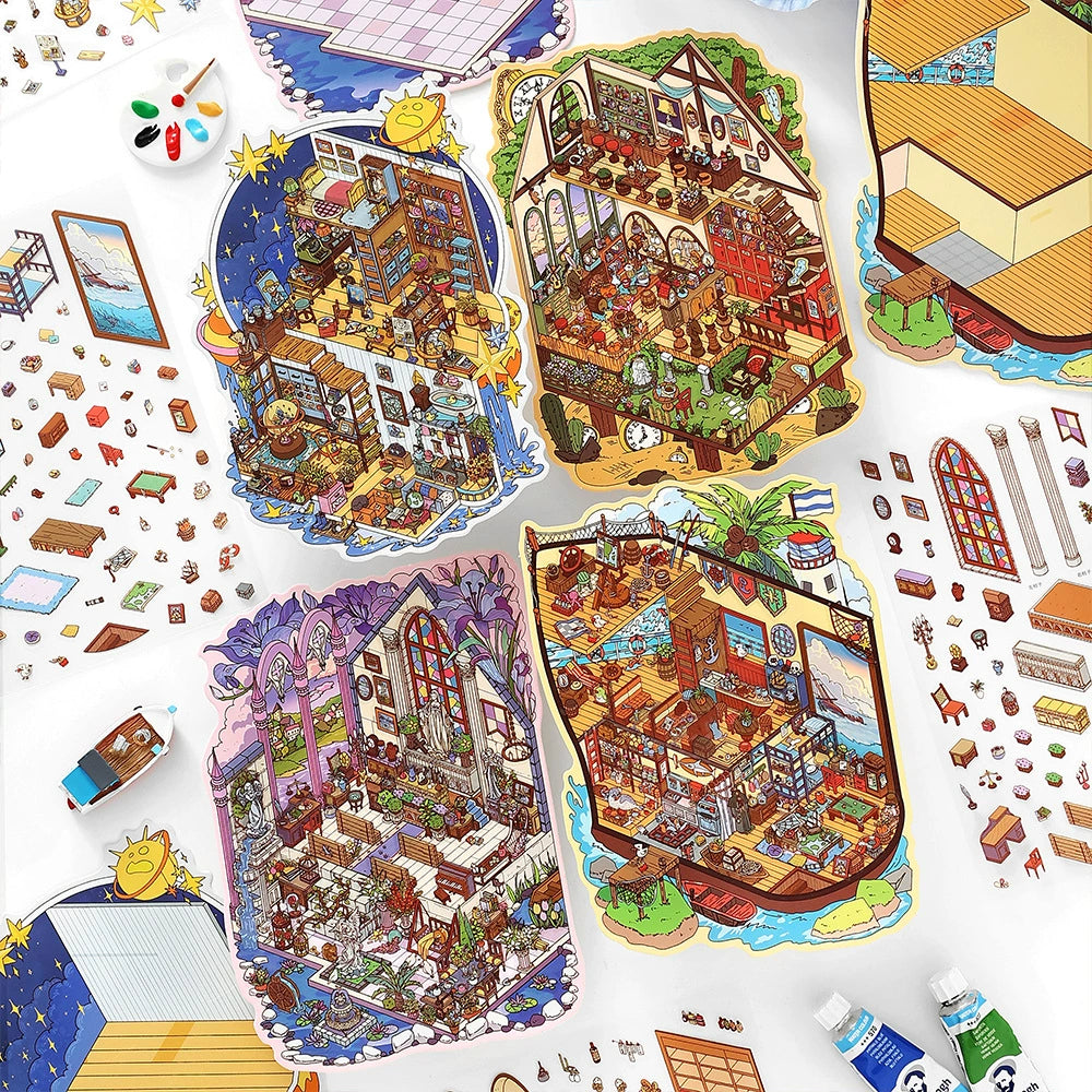 Adventure Corner – 3D Sticker Scenes - 4 Theme Sets: Cathedral | Art Studio | Ship | Tavern