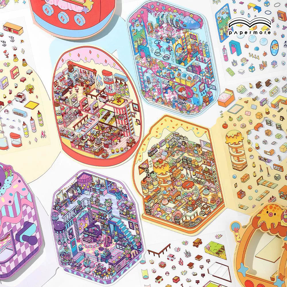 Fantasy Arcade – Flip-Open Design 3D Sticker Set – 4 Theme Scenes: Undersea Lab | Candy Game Center | Starry Music Hall | Crystal Gem Collector's Room