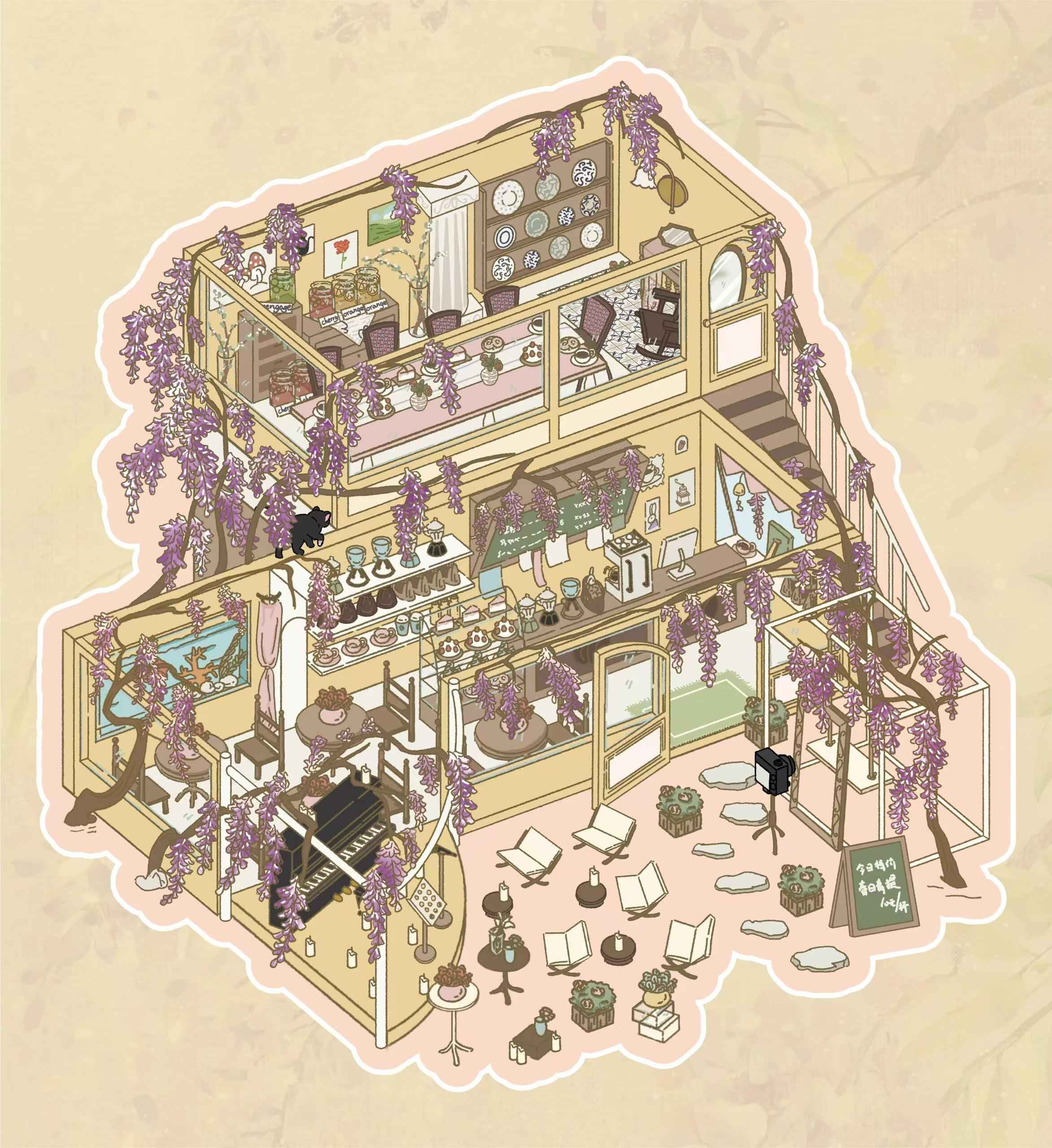 Summer Courtyard – Plus Size 3D Miniature Scene Stickers – 2 Theme Sets: Wisteria Cottage | Grand Courtyard