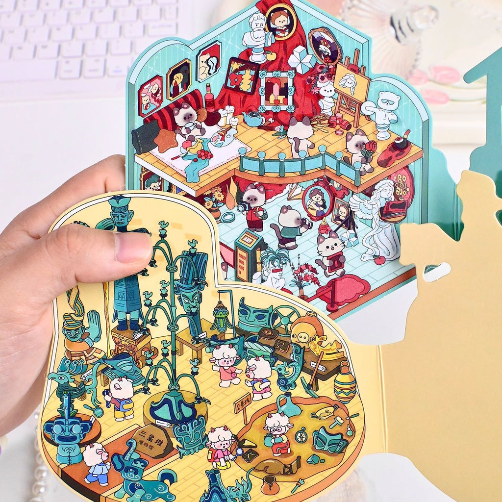 Cute Animals Visit the Museum – 3D Miniature Scene Stickers (Flip-Open Plus Size) – 4 Theme Sets: Dog Opera House | Cat Aquarium | Cat Art Museum | Sheep Sanxingdui Museum
